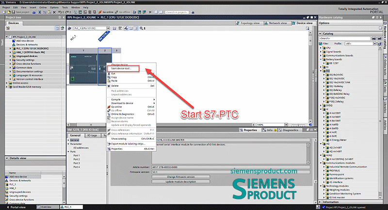 Starting the S7-PTC to configure the IO-Link Master device and the IO-Link converter